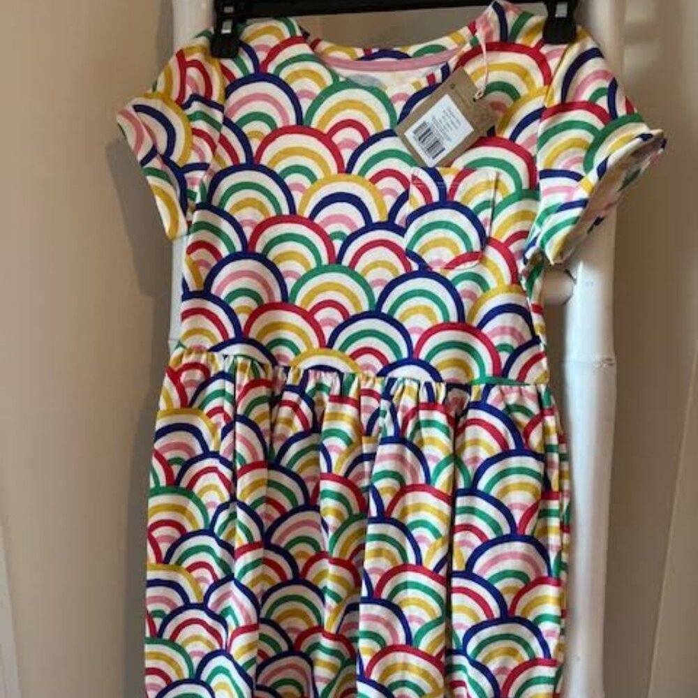 Mini Boden rainbow short sleeve dress with pockets